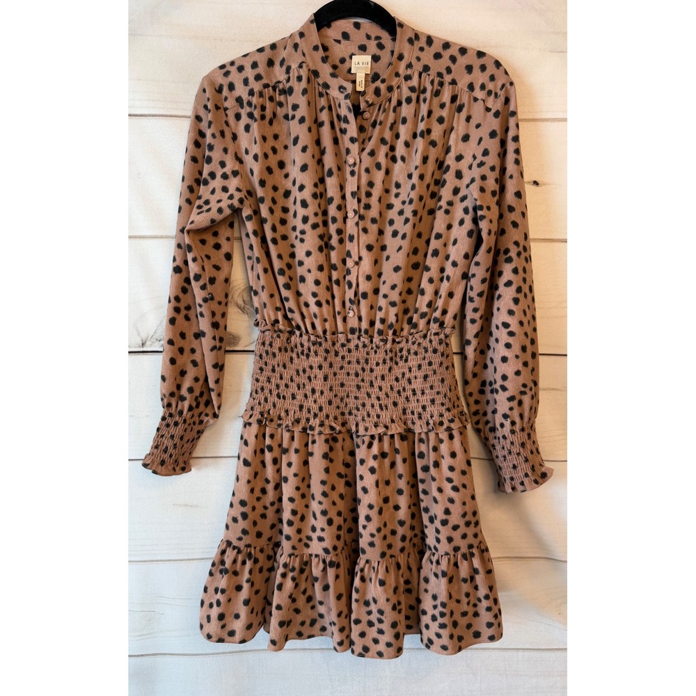 La Vie Rebecca Taylor Leopard Print Smocked Waist Mini Dress Tan Black XS